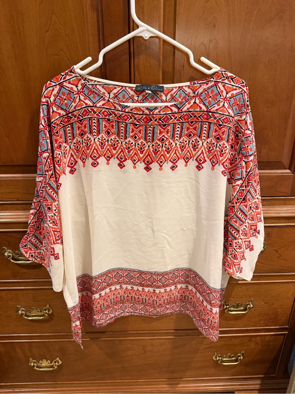 Rose & Olive Ivory Tunic with Red & Blue Geometric Embroidery